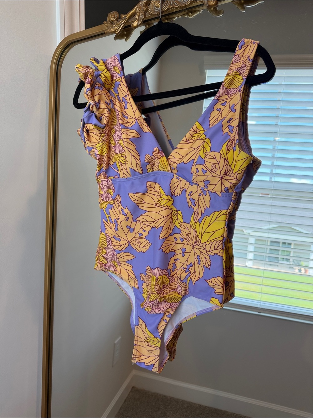 Girls Purple & Yellow Floral Ruffle One-Piece Swimsuit